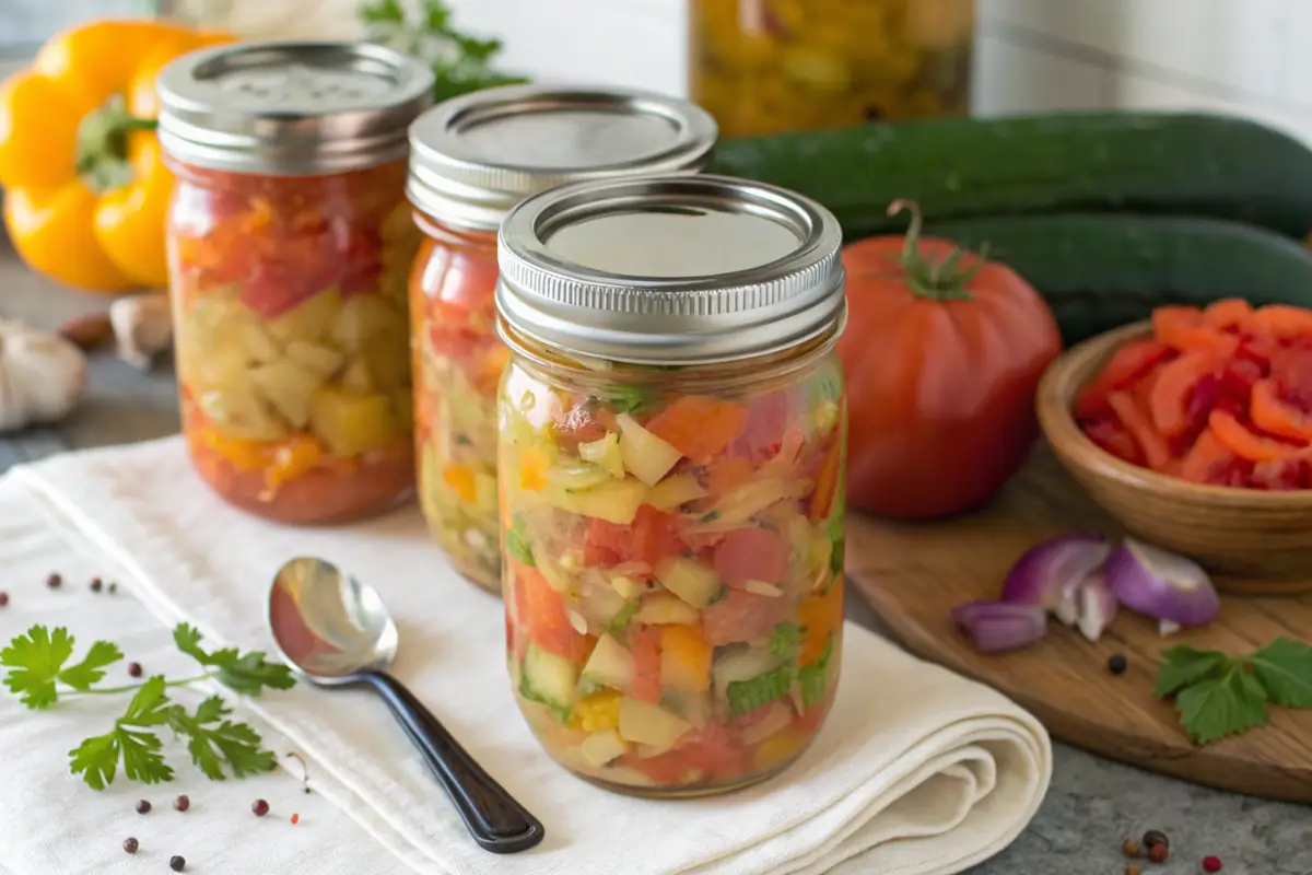 Chow Chow relish in mason jars with fresh vegetables on a wooden table