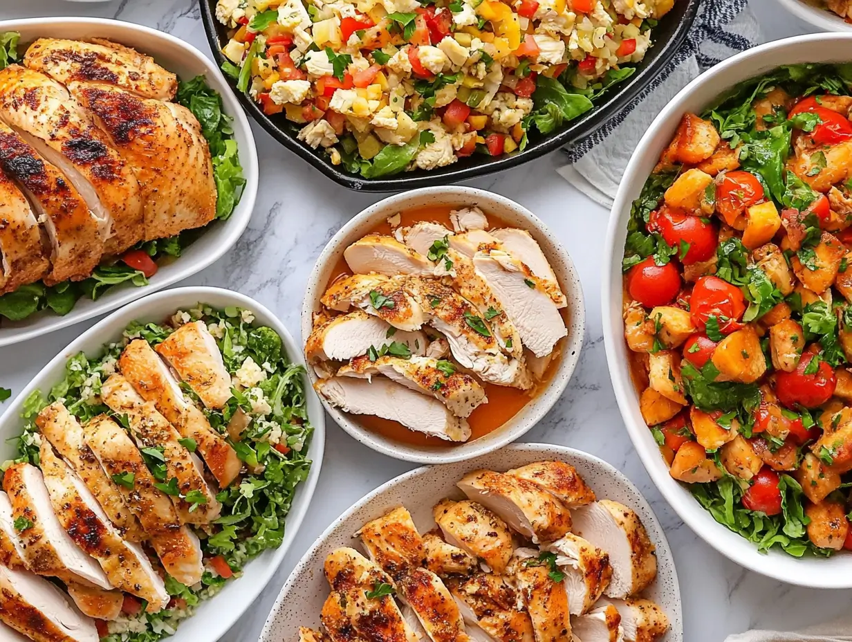 Delicious and easy chicken leftover recipes displayed on a table.