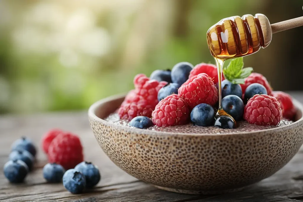 Chocolate chia seed pudding with fresh berries and honey