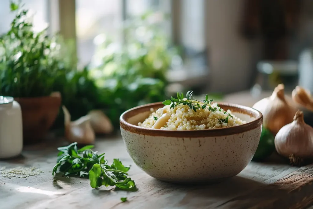 Quinoa rice dish with fresh herbs in a rustic ceramic bowl.