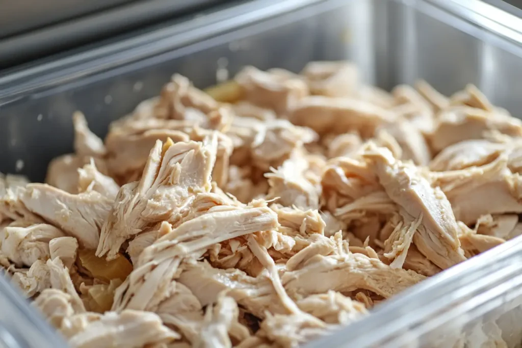 Shredded rotisserie chicken stored in an airtight container for freshness