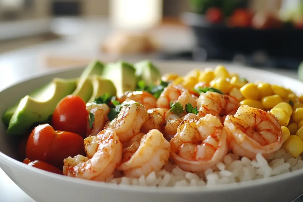 Shrimp Bowl Recipe with Fresh Vegetables and Rice