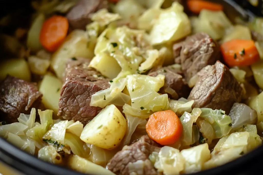 Unstuffed cabbage rolls made with round beef in a baking dish