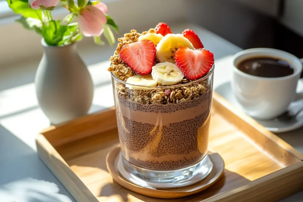 Chocolate chia seed pudding layered with fruits and granola