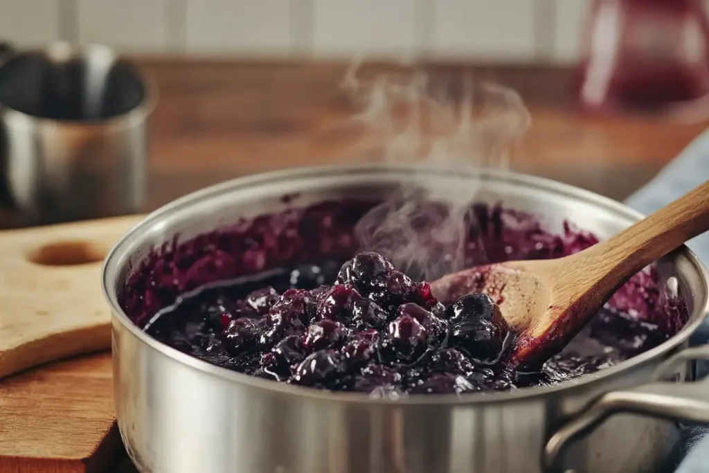 Blueberries simmering in a saucepan for compote