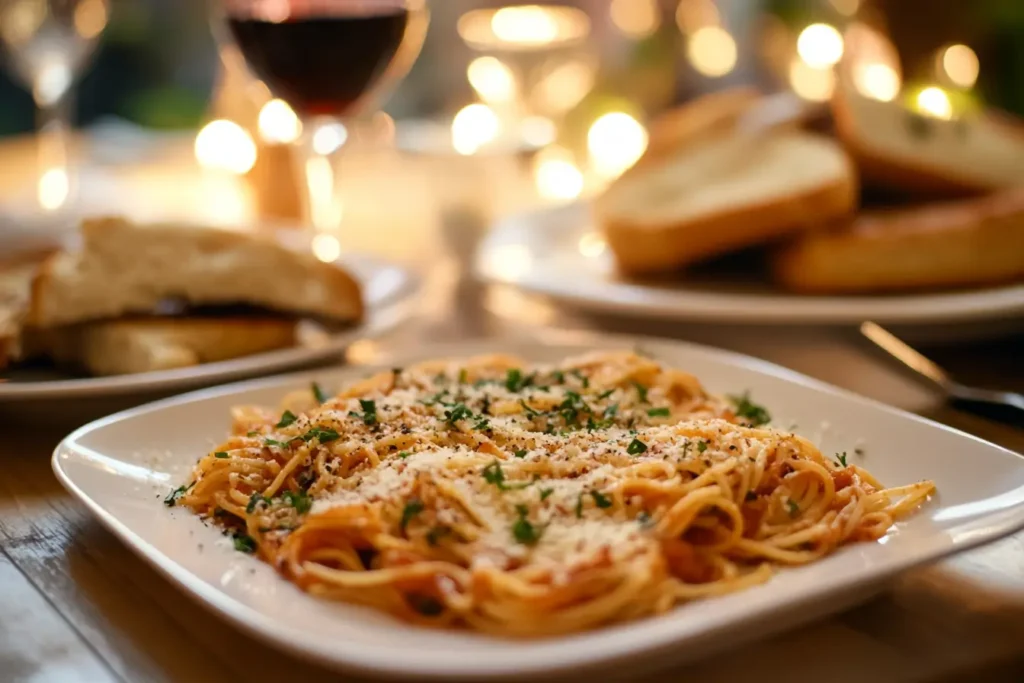 Family-style servings of baked spaghetti on a table with garlic bread