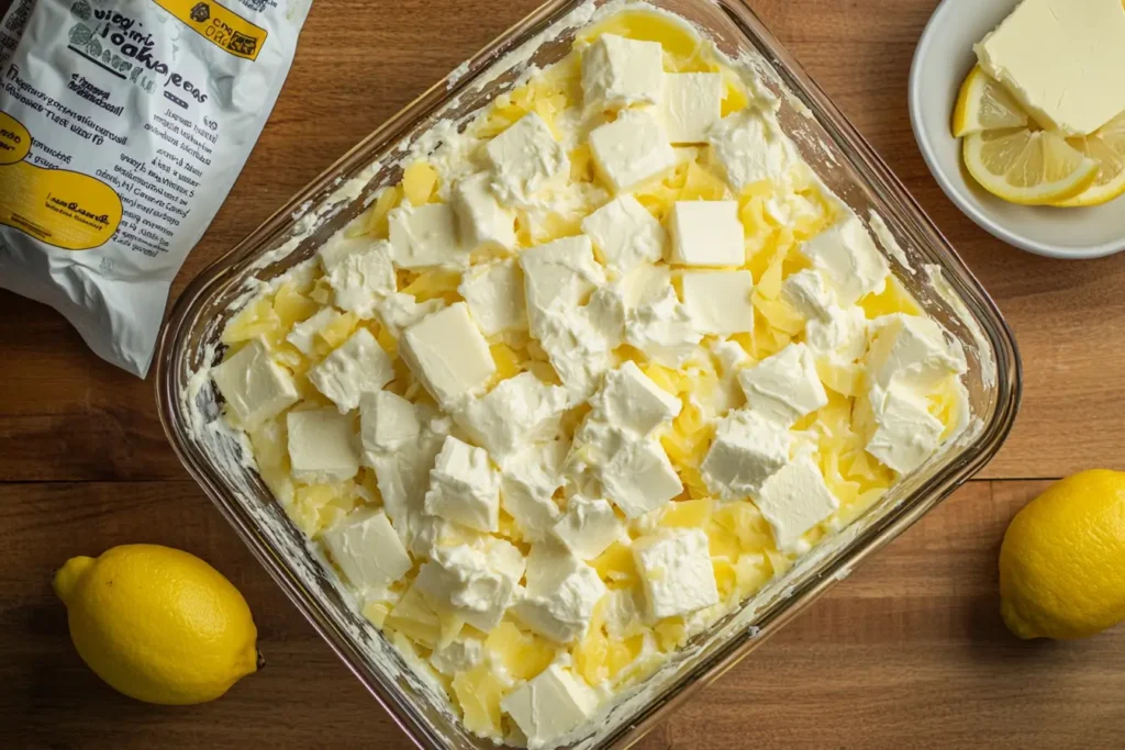 Unbaked lemon cream cheese dump cake with layered ingredients