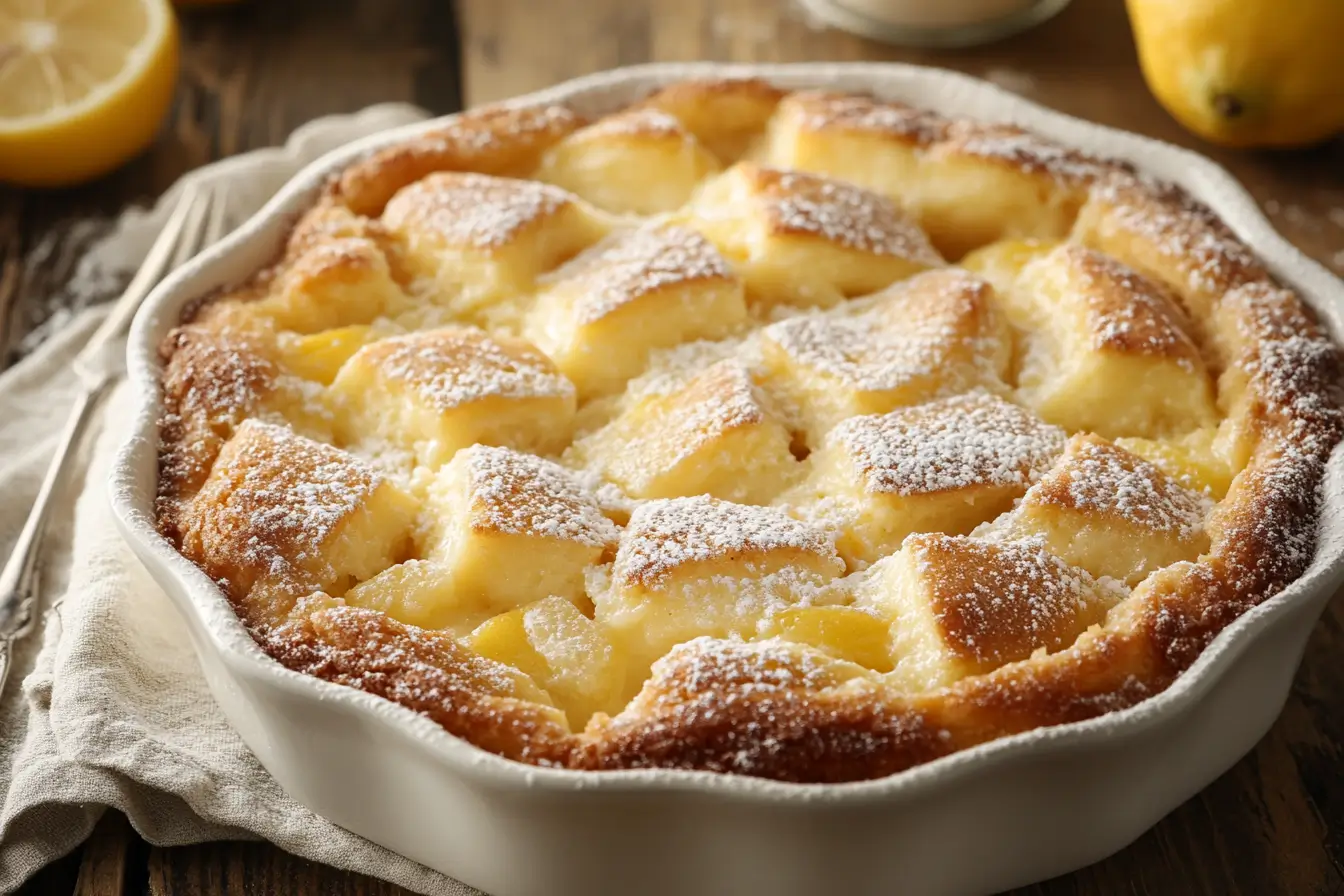 Freshly baked lemon cream cheese dump cake in a white dish