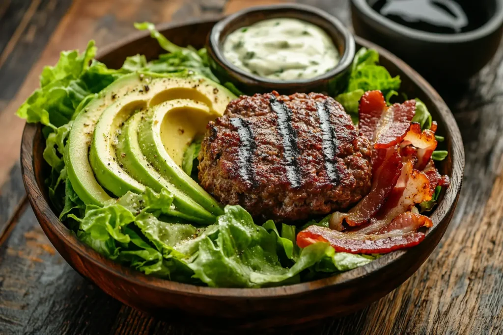 Keto-friendly burger bowl with bacon, avocado, and lettuce