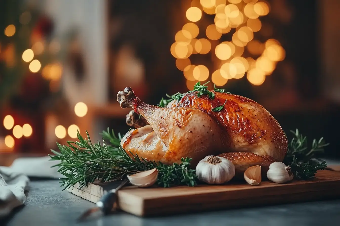 Rotisserie chicken on a wooden board with herbs