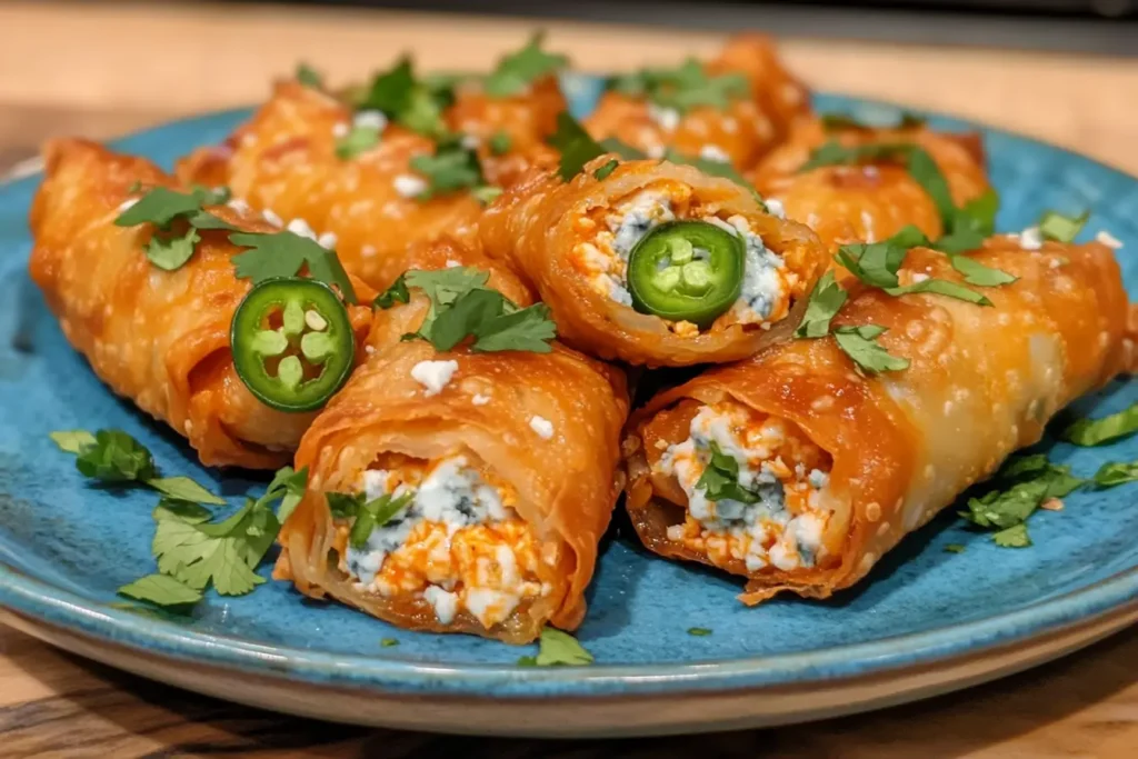 Buffalo chicken egg rolls with jalapeños and blue cheese on a blue ceramic plate.