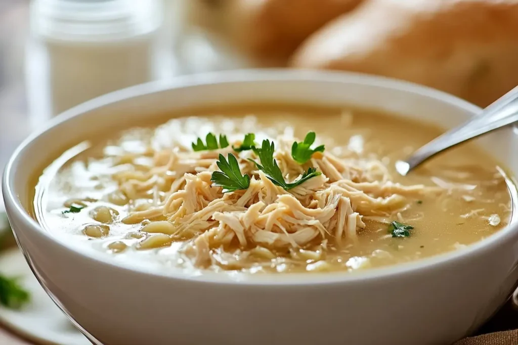 Shredded rotisserie chicken in chicken noodle soup