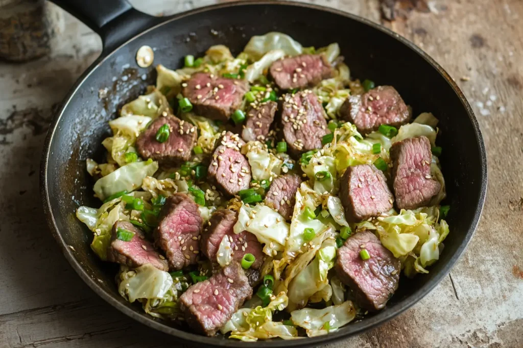 Sautéed round beef and cabbage in a rustic skillet