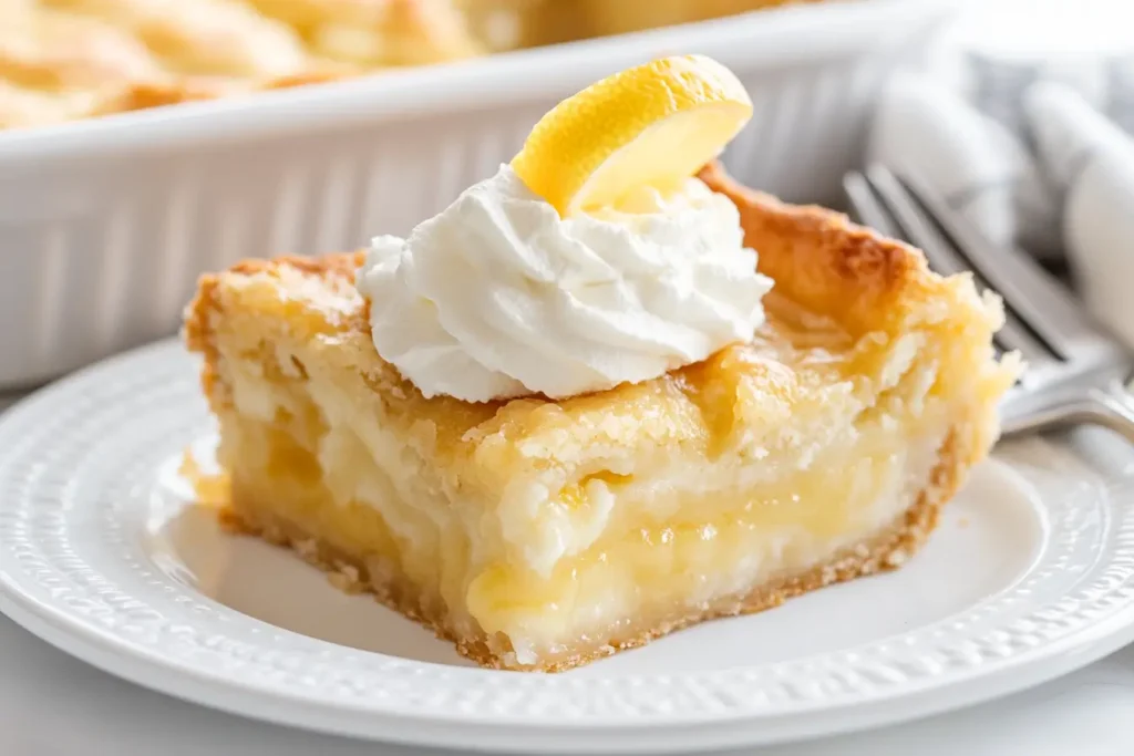 A slice of lemon cream cheese dump cake with whipped cream