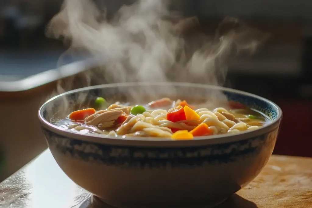 A bowl of hot chicken soup made from leftover rotisserie chicken.