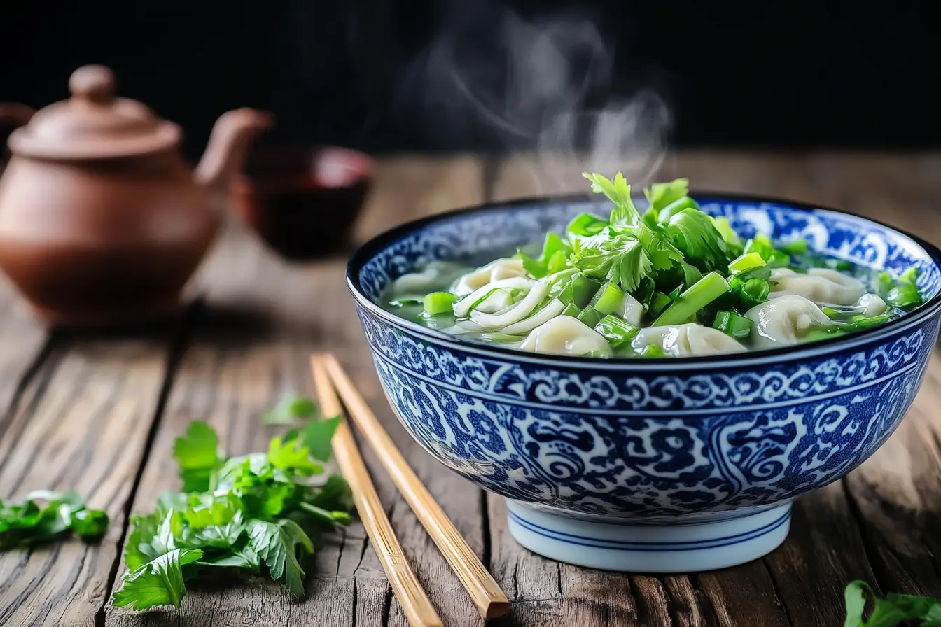 A bowl of wonton noodle soup with scallions and chopsticks.