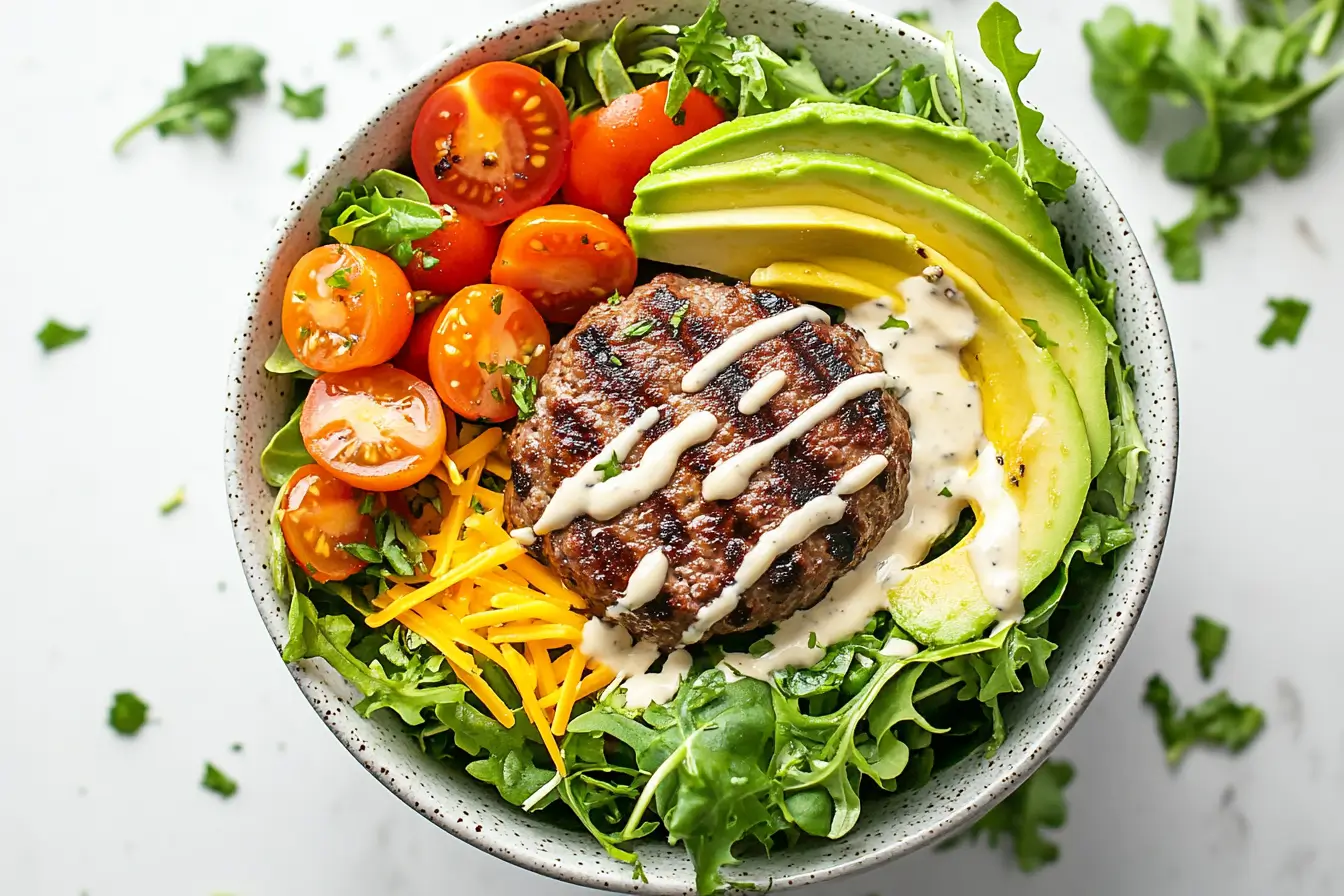 Overhead view of a fresh burger bowl with greens, beef, and avocado