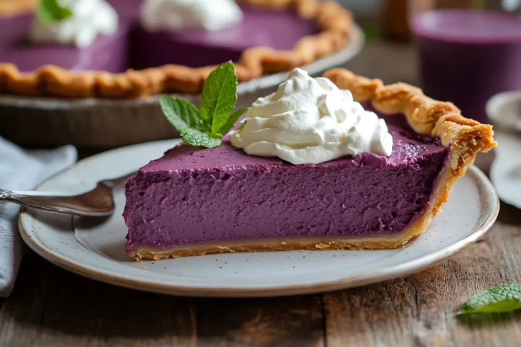 Purple sweet potato pie with whipped cream garnish