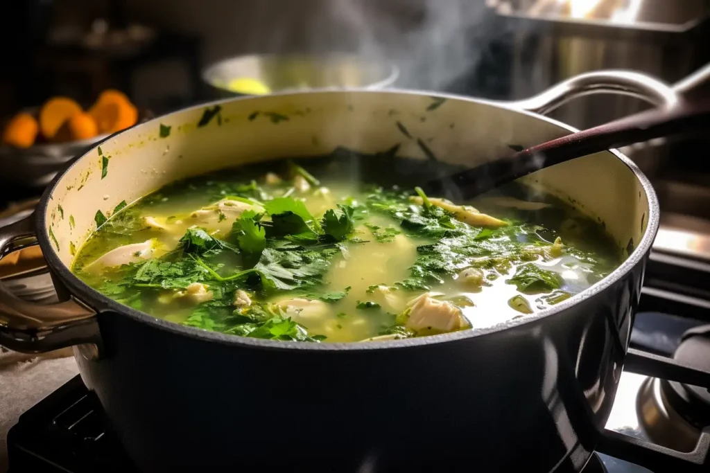 Chicken poblano soup being cooked on a stove with garnishes nearby