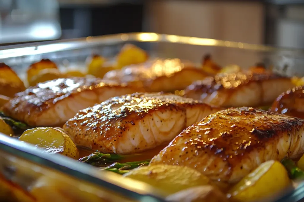 Baked steelhead trout with Dijon mustard glaze and vegetables