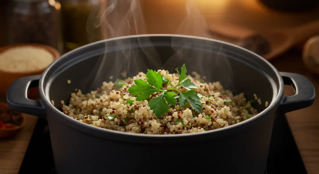 Steaming quinoa rice in a pot with fresh parsley garnish