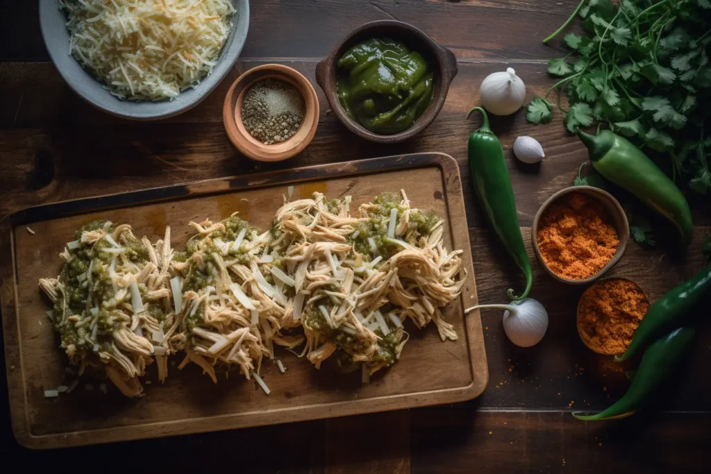  Ingredients for chicken poblano soup, including roasted peppers and chicken