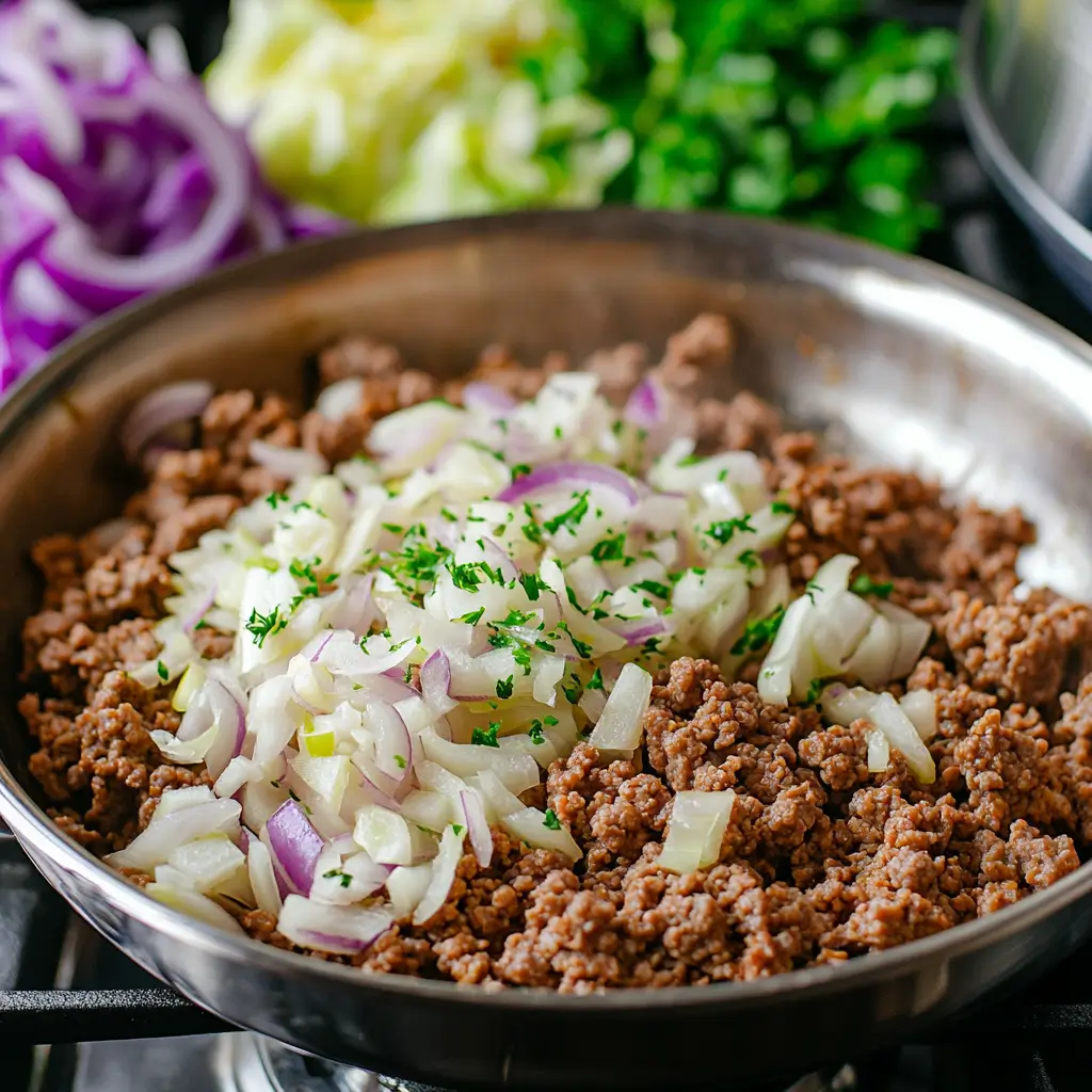 Browning ground beef in a skillet with garlic and onions