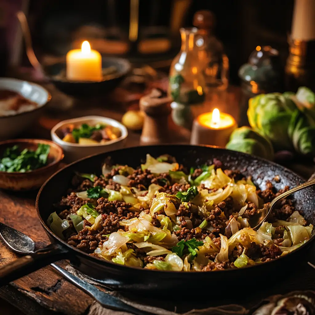 Skillet of ground beef and cabbage on a dinner table