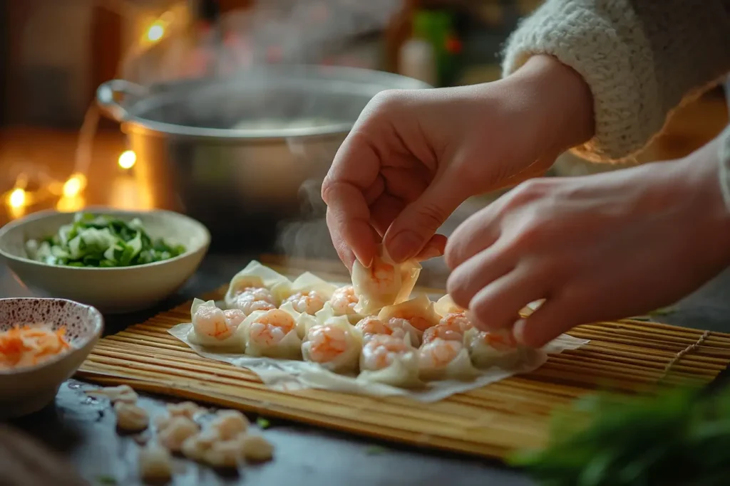 Folding wontons with shrimp and pork filling