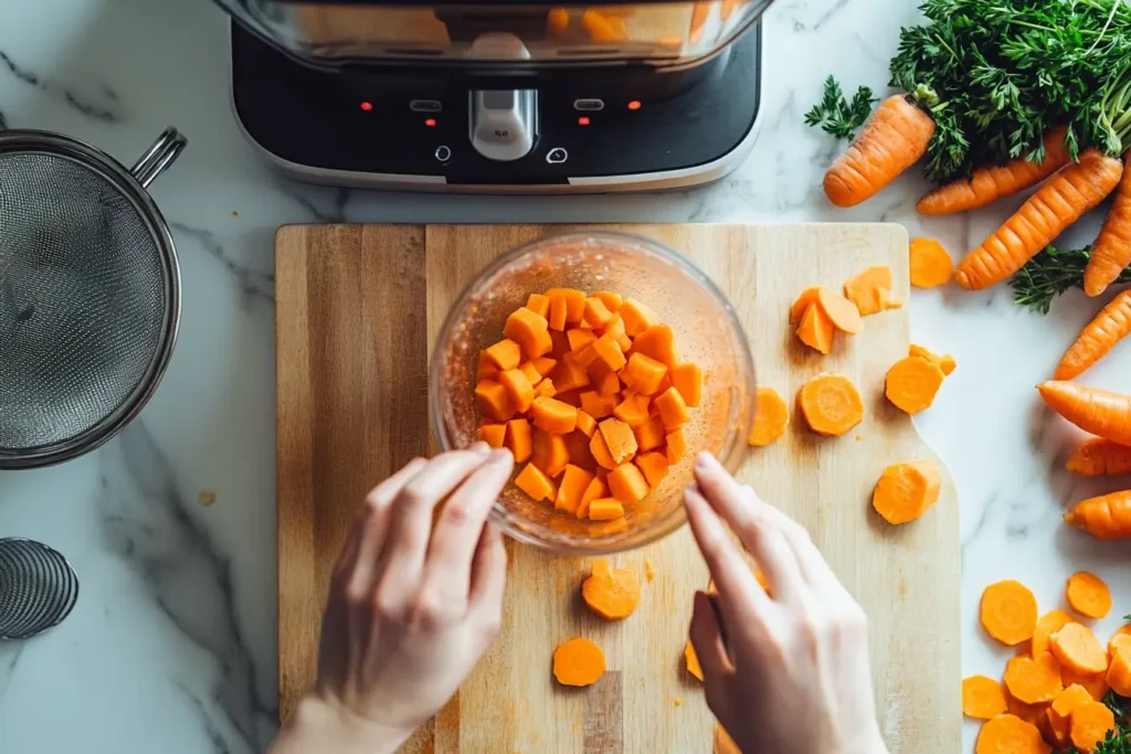 Hands making carrot juice with a blender on a clean counter