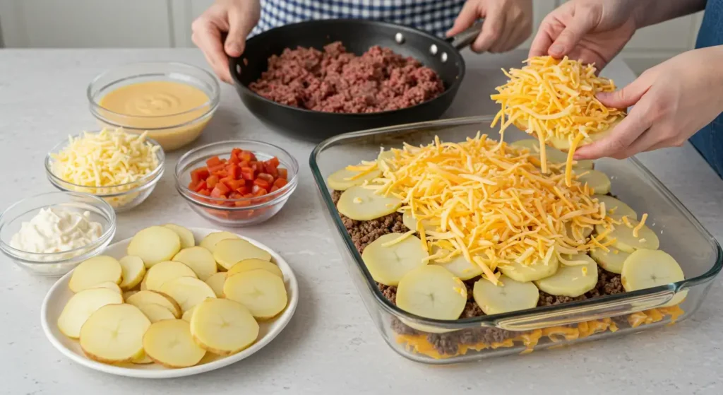 Layering ingredients for a hobo casserole.