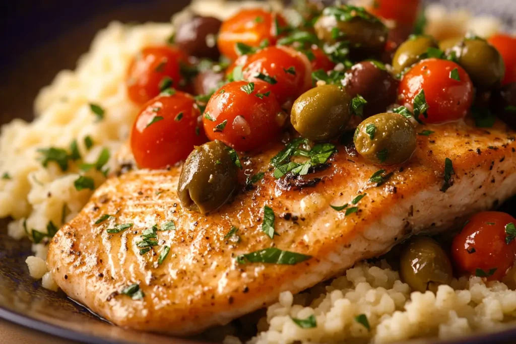 Mediterranean-style steelhead trout with olives and tomatoes