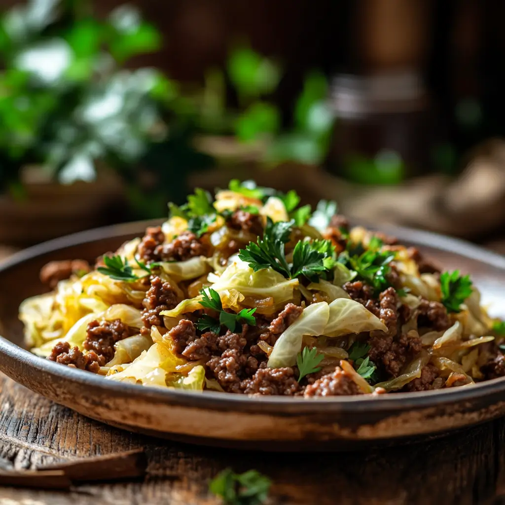 Plated ground beef cabbage recipe with parsley garnish