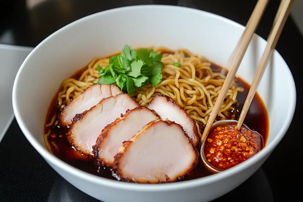 Spicy Singaporean-style wonton noodle soup with chili oil.