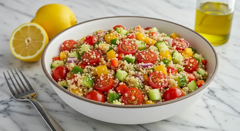 Quinoa rice salad with fresh vegetables and olive oil