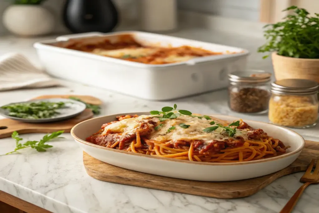 Baked spaghetti garnished with cheese and herbs on a marble countertop