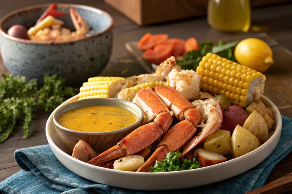 Delicious seafood boil with crab, shrimp, and corn alongside a bowl of rich seafood boil