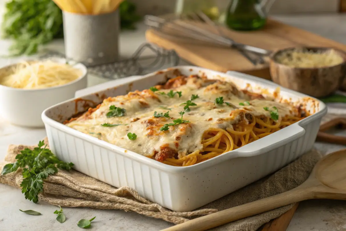 Close-up of baked spaghetti with cream cheese in a modern kitchen setting