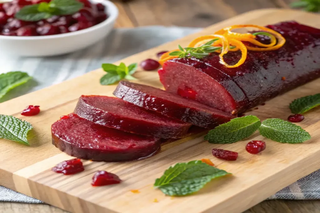 Sliced jellied cranberry sauce with garnishes