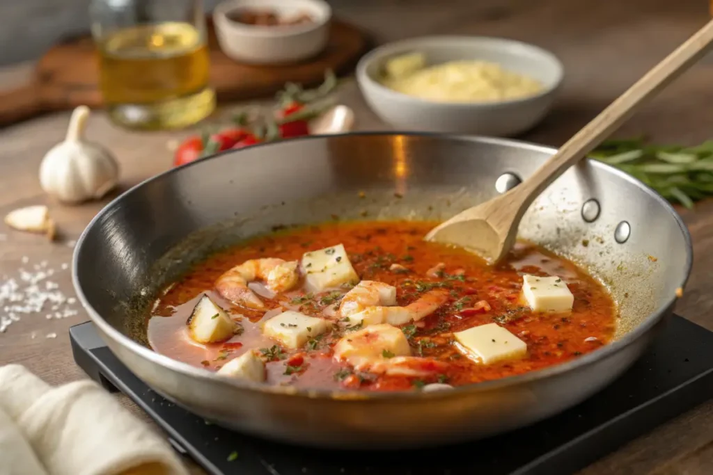 Delicious seafood boil with crab, shrimp, and corn alongside a bowl of rich seafood boil sauce.