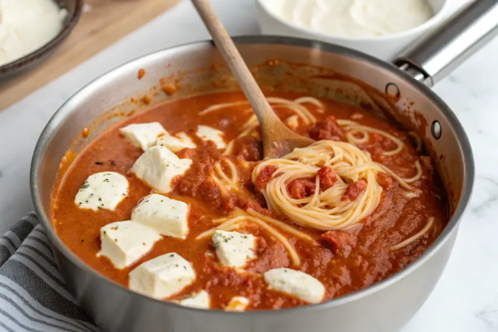 Creamy tomato spaghetti sauce with cream cheese melting in a saucepan