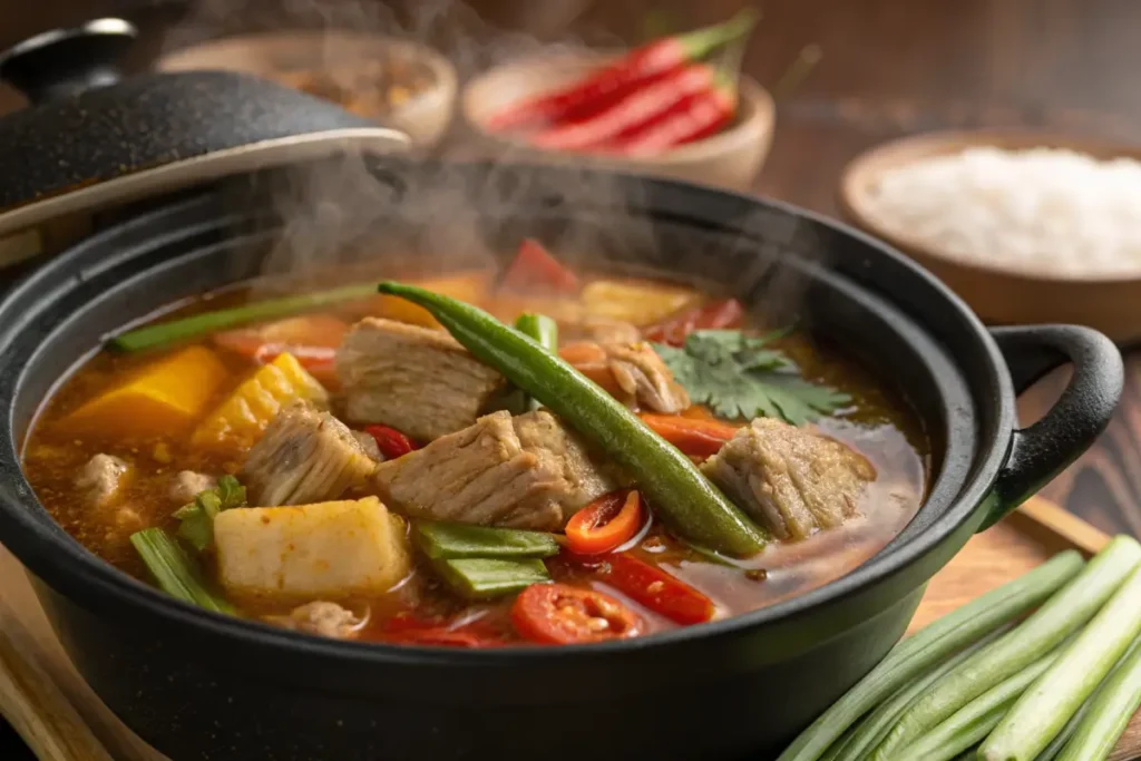 A pot of simmering sinigang soup with vibrant vegetables and pork