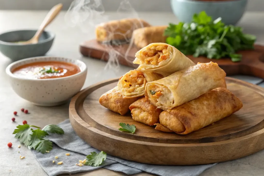 Golden-brown buffalo chicken egg rolls on a wooden plate with ranch dipping sauce