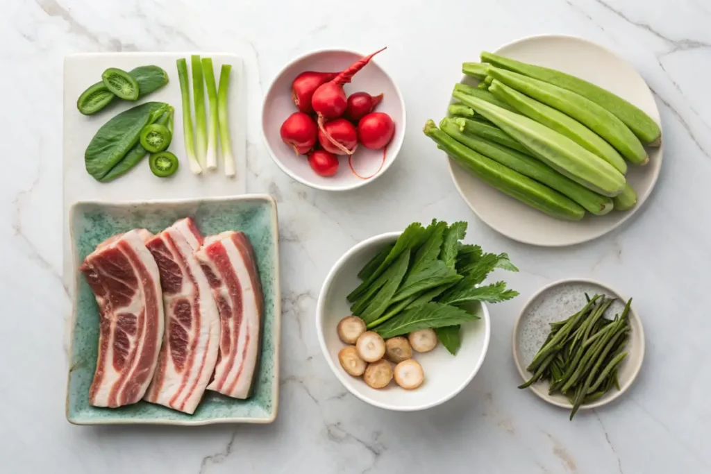 Fresh ingredients for a sinigang recipe, including tamarind, pork, and vegetables.