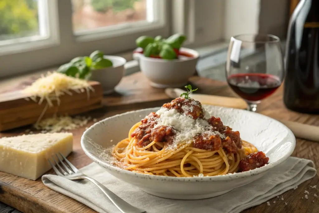 Spaghetti topped with grated Parmigiano-Reggiano in a modern kitchen