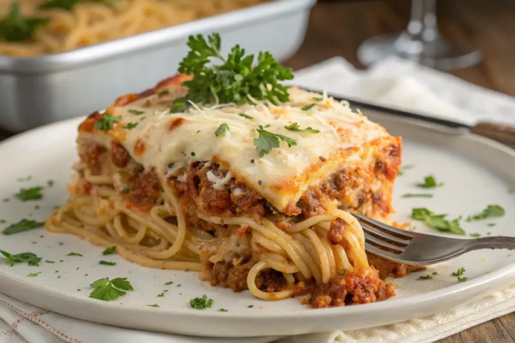 A portion of baked spaghetti with cream cheese on a plate garnished with parsley