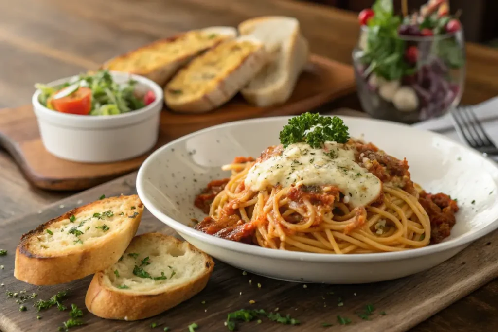 A plated portion of baked spaghetti with cream cheese paired with garlic bread and salad.