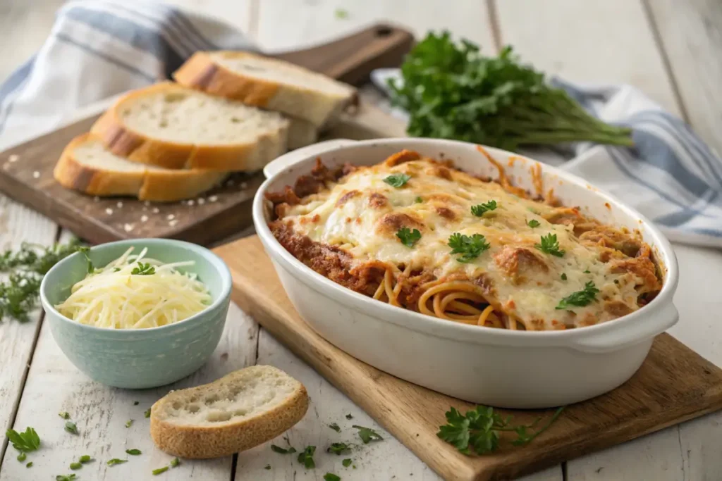 Baked spaghetti with cream cheese in a casserole dish topped with melted cheese