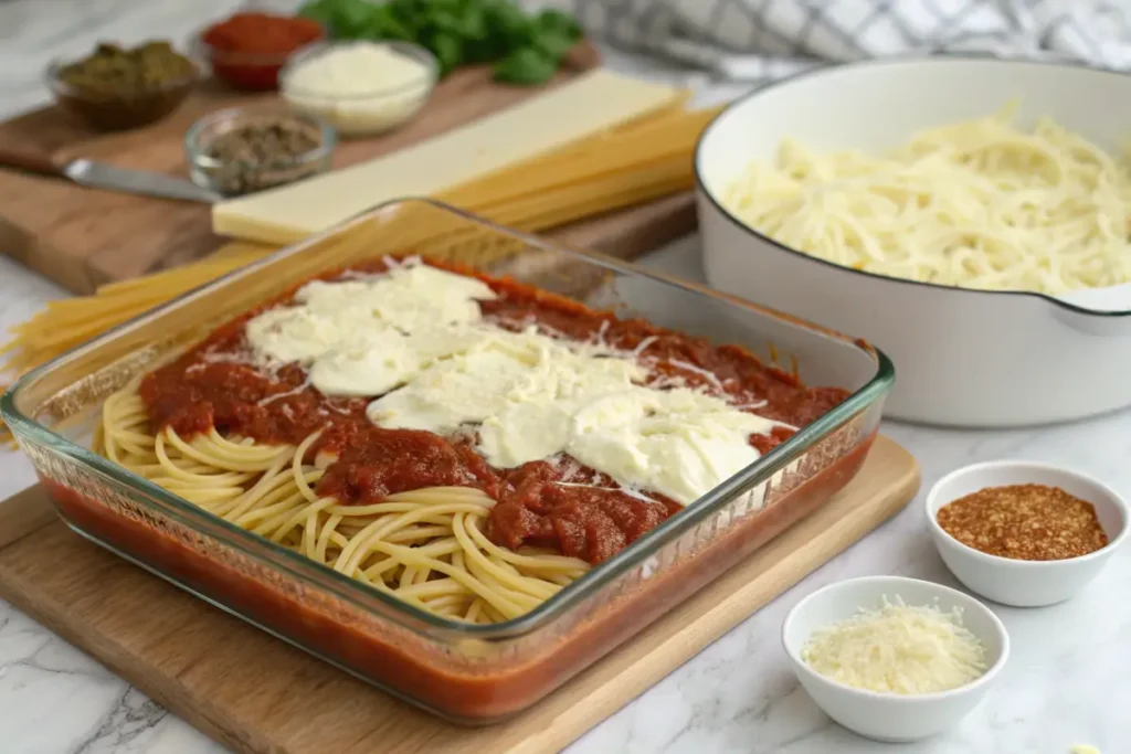 Assembling baked spaghetti with cream cheese in a glass dish.