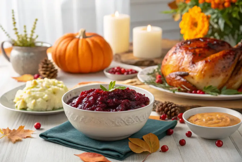 Thanksgiving table with canned cranberry sauce.